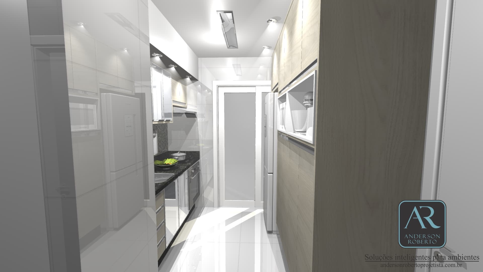 Projeto em 360° de uma cozinha compacta porém muito charmosa.